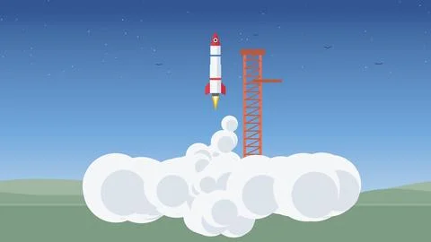 Rocket assembled on a launch pad and launching into the sky, flat geometric.. 스톡 일러스트