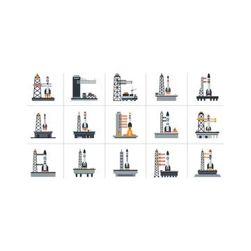 Rocket assembly launchpad and spacecraft mission icon set Illustrazione stock