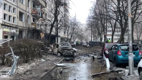 Rocket attack on Kyiv. Consequences of falling debris Stock Footage 258822726