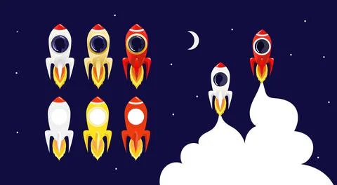 Rocket avatar template. flying Rockets with window porthole for face portrait Stock Illustration