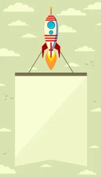 Rocket with a banner in the sky, vector illustration Stock Illustration