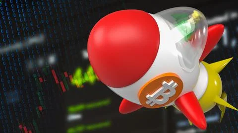 The rocket bitcoin up to space for business or cryptocurrency concept 3d rend Stock Illustration
