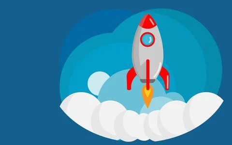 Rocket on blue background.flying shuttl. Stock Illustration