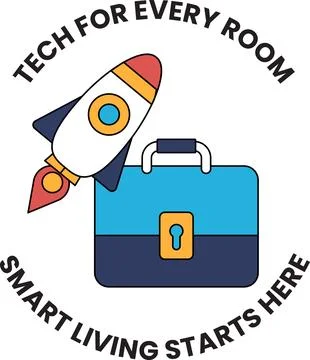 A rocket is on a blue briefcase with the words "Tech for Every Room Smart L.. Illustrazione stock