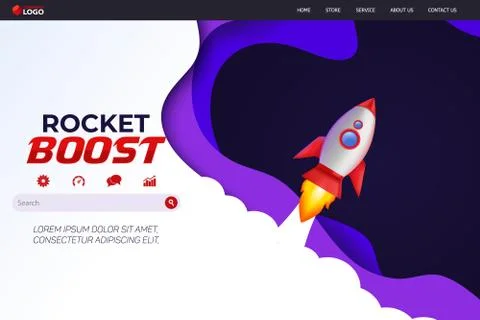 Rocket Boost Website Landing Page Vector Template Design Stock Illustration