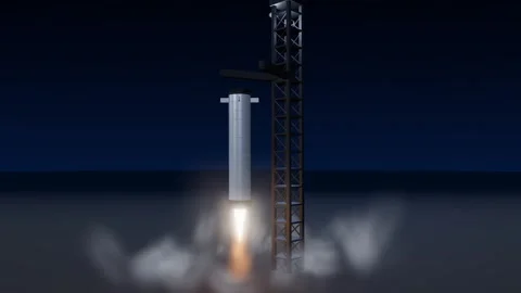 Rocket booster hovering on landing burn under floodlit catch tower arms at Stock Footage 339880088