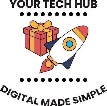 A rocket is on a box with the words "Your Tech Hub" on it 스톡 일러스트