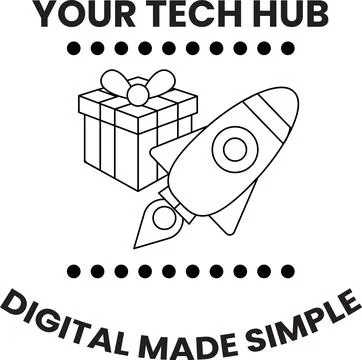 A rocket is on a box with the words "Your Tech Hub" on it 스톡 일러스트