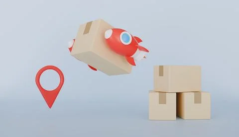 Rocket with boxes is ready to launch, fast logistics and delivery Stock Illustration
