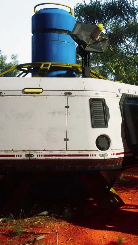 Rocket capsule at space center with blue tank in the background Stock Footage 335190568