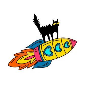 Rocket with cat astronaut. Rocket with a cat flies up. Cat with rocket in space Illustrazione stock