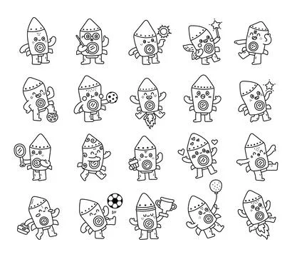 Rocket character set in outline line art Illustrazione stock