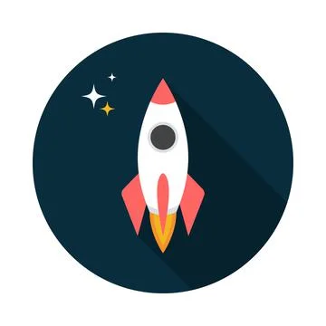 Rocket circle icon with long shadow. Flat design style. Stock Illustration
