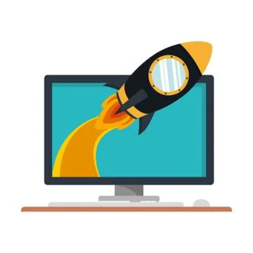 Rocket coming out of computer screen of desktop イラスト素材