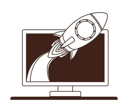Rocket coming out of computer screen of desktop Stock Illustration