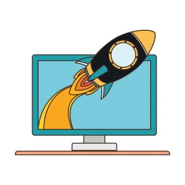 Rocket coming out of computer screen of desktop イラスト素材