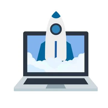 Rocket coming out of laptop computer screen for business startup launch con.. Stock Illustration