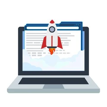 Rocket coming out of laptop computer screen for business startup launch con.. イラスト素材