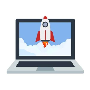 Rocket coming out of laptop computer screen for business startup launch con.. 스톡 일러스트