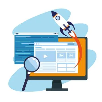 Rocket with computer and magnifying glass イラスト素材