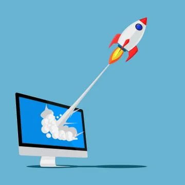 Rocket from the computer screen. Vector Illustration. Concept of business sta Illustrazione stock