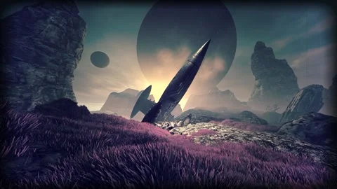 Rocket crashed on a fantasy planet Stock Footage 245813637