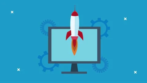 Rocket in desktop computer with gears settings Stock Footage 144843349