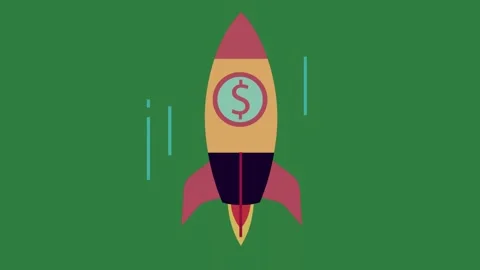 A rocket with dollar sign on it and clock top of the letter s green screen Видео 335129894