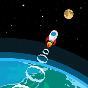 Rocket from Earth to the Moon. Vector illustration. Stock Illustration