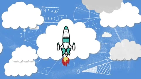 Rocket emerging starting engine igniting and climbing clouds with chalk formulas Stock Footage 315534023