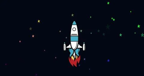 A rocket, emitting flames, flying through dark background dotted with stars Stock Photos