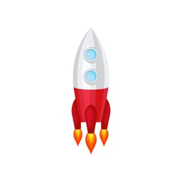 Rocket with engine fire. Space ship with two round windows. Big gray-red flying Stock Illustration