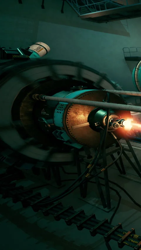 Rocket engine ignites in a workshop during late evening hours Stock Footage 338424482