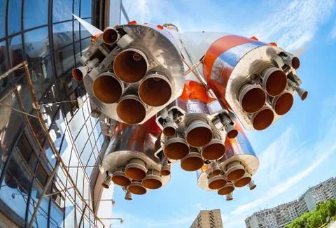 Rocket engine of Soyuz type rocket Stock Photos