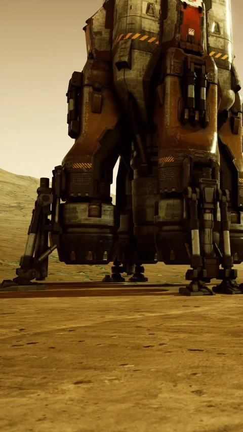 Rocket engine stands tall on the Martian surface during sunset glow Stock Footage 331836855