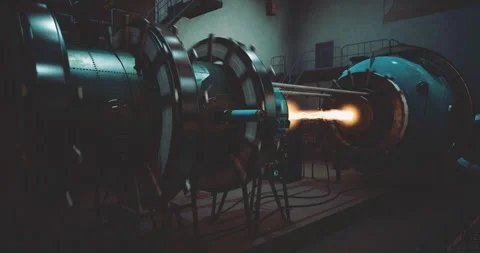 Rocket engine test conducted in a dimly lit industrial facility Stock Footage 305694324