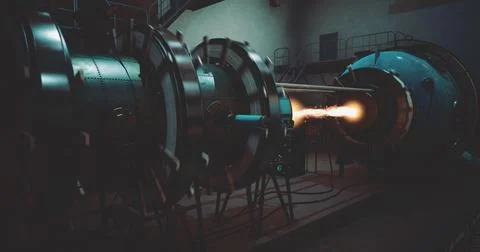 Rocket engine test conducted in a dimly lit industrial facility Stock Illustration