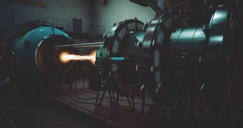 Rocket engine test highlights powerful thrust in a specialized facility Stock Illustration