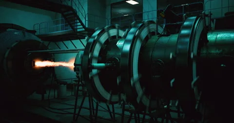 Rocket engine test showcasing powerful ignition in a test facility Stock Footage 306202038