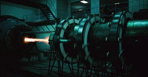 Rocket engine test showcasing powerful ignition in a test facility Stock Illustration