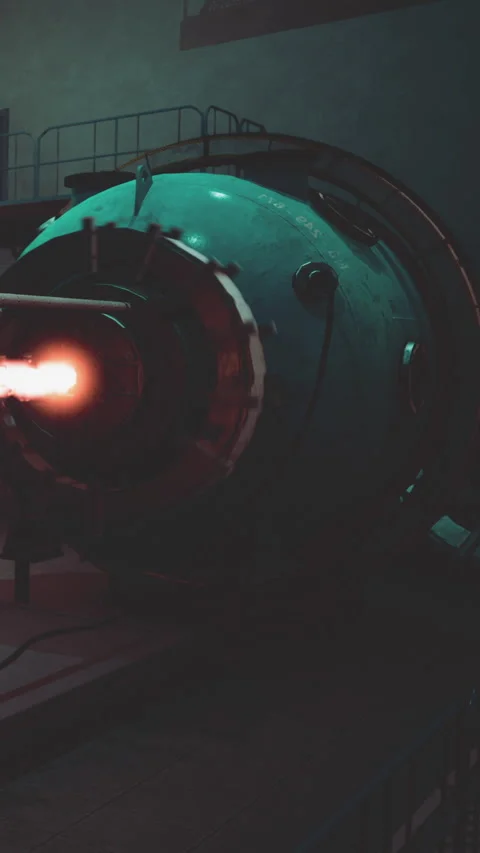 Rocket engine test taking place in a dark facility during night hours Stock Footage 337951660