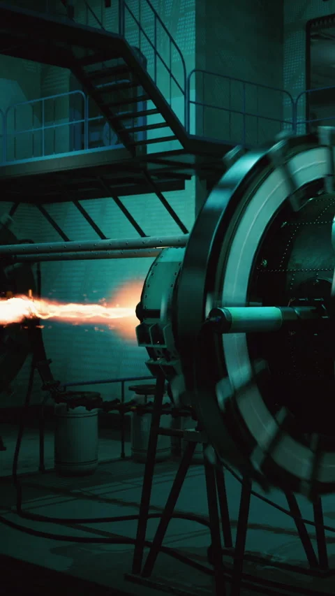 Rocket engine undergoing testing in a workshop with flames visible Stock Footage 335092992