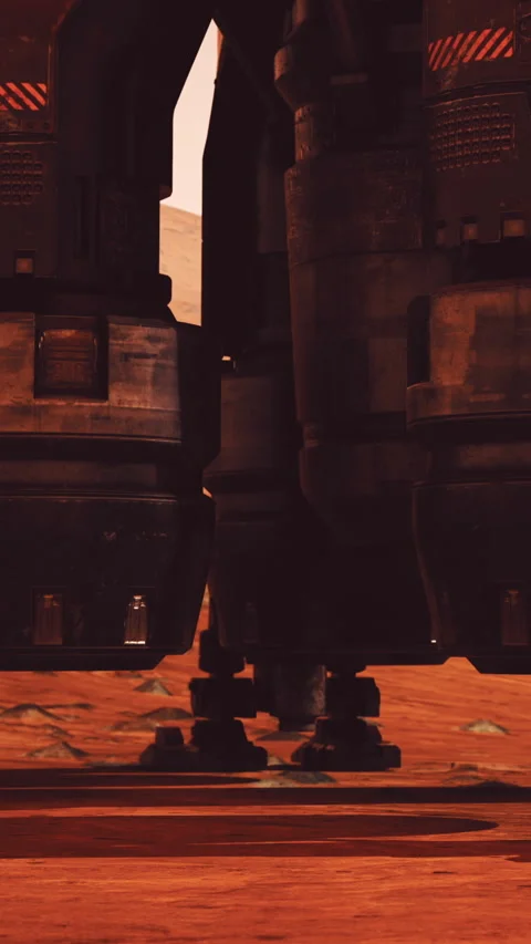 Rocket engines on a spacecraft are resting on the surface of a planet Stock Footage 339040909
