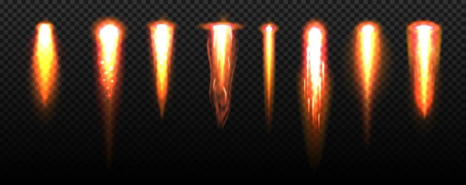 Rocket fire flame trails, flare energy rays set Illustrazione stock