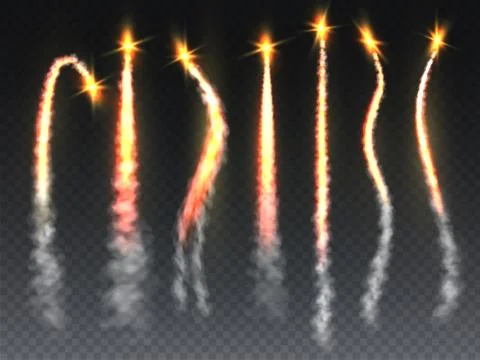 Rocket fire set. Missile or spaceship launch trail with flame and smoke. Falling Stock Illustration