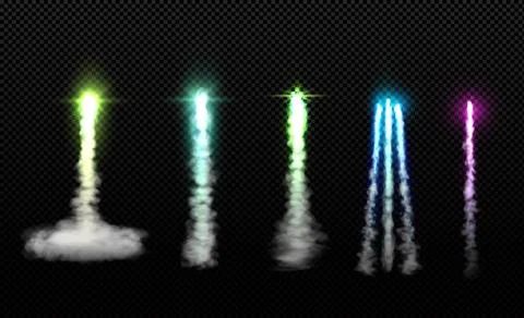 Rocket fire smoke trails vector set, realistic space jet aircraft launch trail Illustrazione stock