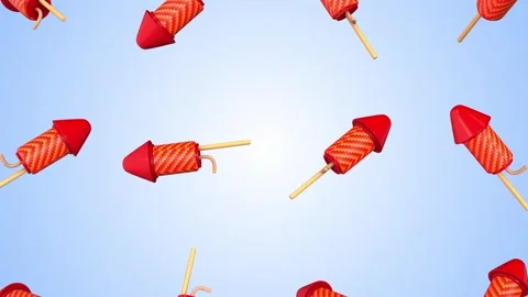 Rocket Firecrackers Falling on a Light Blue Background. Celebration Firework. 4K Stock Footage 294070090