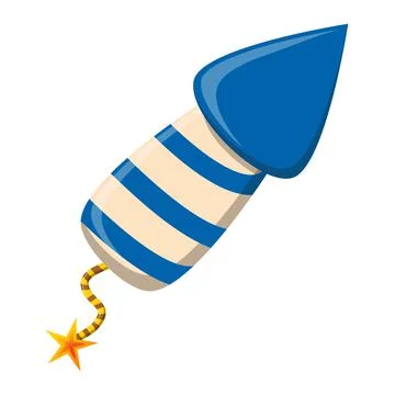 Rocket firework cartoon icon. Blue striped petard symbol for New year or Inde Stock Illustration