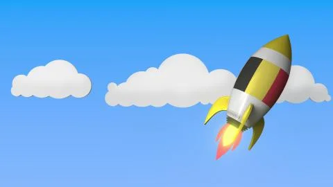 Rocket with flag of Belgium flies in the sky. Belgian success or space program Stock-Illustration