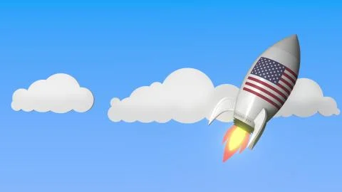 Rocket with flag of the USA flies in the sky. American success or space program Stock-Illustration